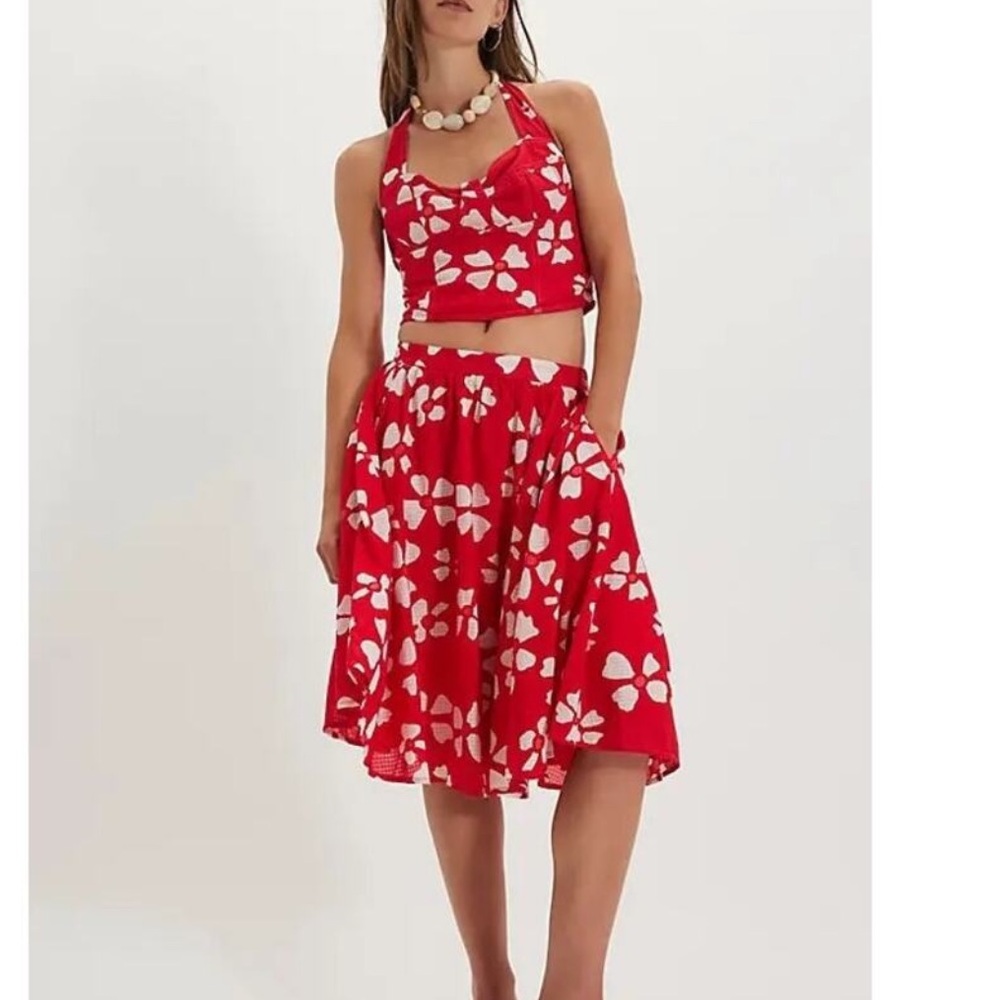 NWOT Free People Keepsake Red Poppy Combo Set Skirt/ Halter Top